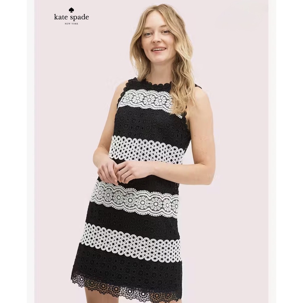 kate spade new york Black/White Striped Lace Shift Dress Sleeveless Round 6